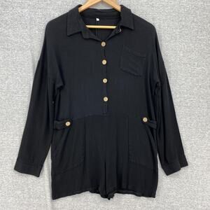Romper Womens Large Black 1/2 Button Up Collar Pockets Chic Long Sleeves